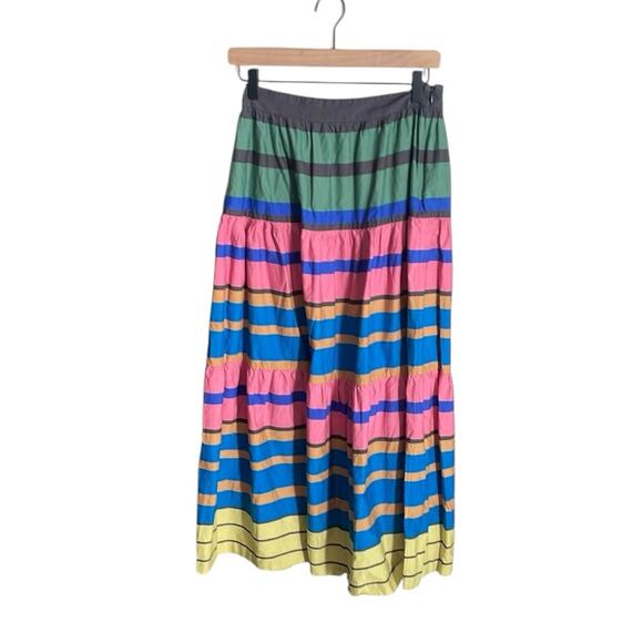 STAUD Sea Tiered Striped Stretch cotton Midi Skirt Multi Formentera Stripe - Picture 2 of 16